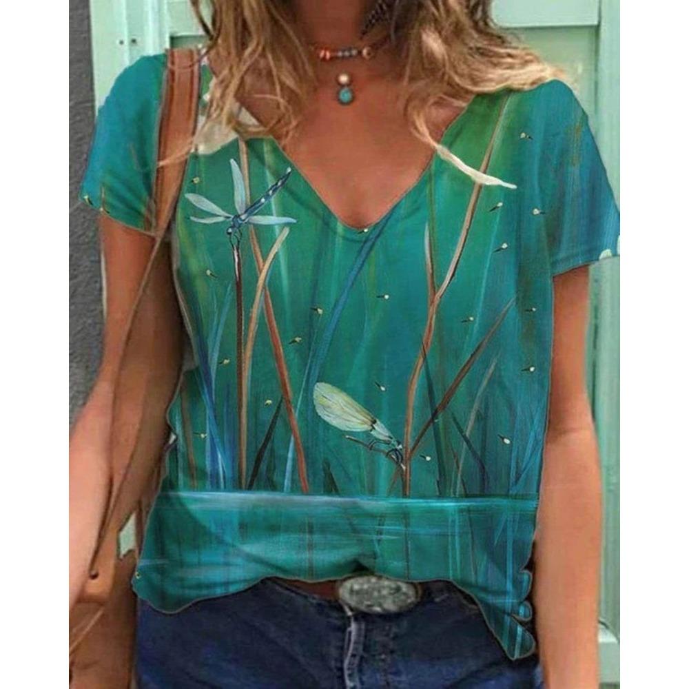 Summer Flower T-Shirts Floral 3D Print Women V-Neck Short Sleeve T Shirt Y2k Harajuku Oversized Tees Tops Female Street Clothing