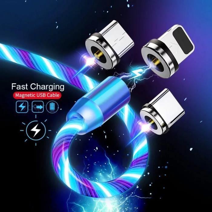 Chargeurs,Câble magnétique LED flux lumineux Micro USB Type C câble pour iPhone 11 Pro Samsung S20 - Type 1M-Colorful For Type C
