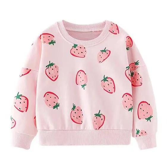 Girls Long Sleeve Pullover Sweatshirt Crew Neck Casual Soft Fabric Printed Strawberry Pattern Lightweight Top for Kids