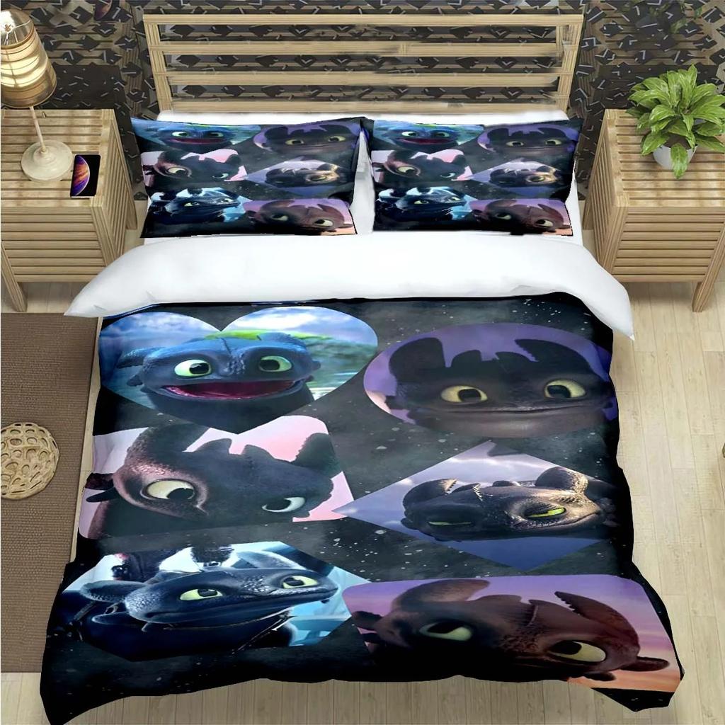Anime-Themed Dragon Toothless Design Bedding, 3D Digital Print, All-Season Polyester Quilt Cover & 1/2 Pillowcases