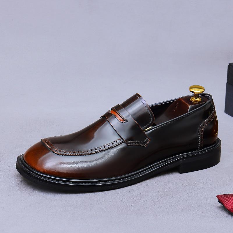 Big Head Leather Shoes Leather Foot Cover Lacquer Surface First Layer Cowhide Round Head Casual Leather Shoes Men's Casual