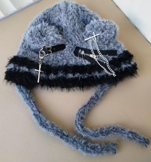 Harajuku Gothic Lolita Knitted Cat Ear Hat Women Punk Designer Cross Bat Winter Black Beanie Cute Hat Female Accessories Cap