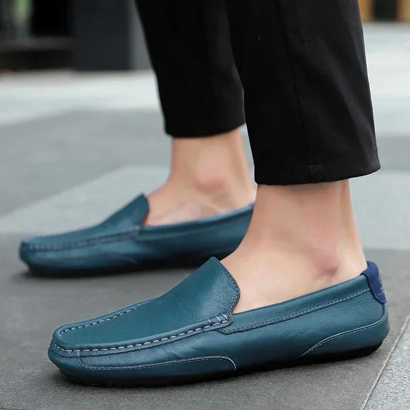 Genuine Leather Men Casual Shoes Luxury Brand Breathable Slip on Black Driving Shoes Soft Men Loafers Moccasins Plus Size 37-47