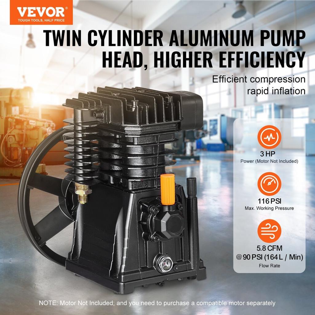 Air Compressor Pump Head 3HP 5.8CFM @ 90PSI Twin Cylinder Piston Pump Head