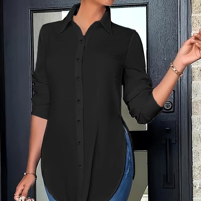 Ladies Casual Long Sleeve Lapel Solid Color Side Slit Irregular Blouse Long Shirt Top