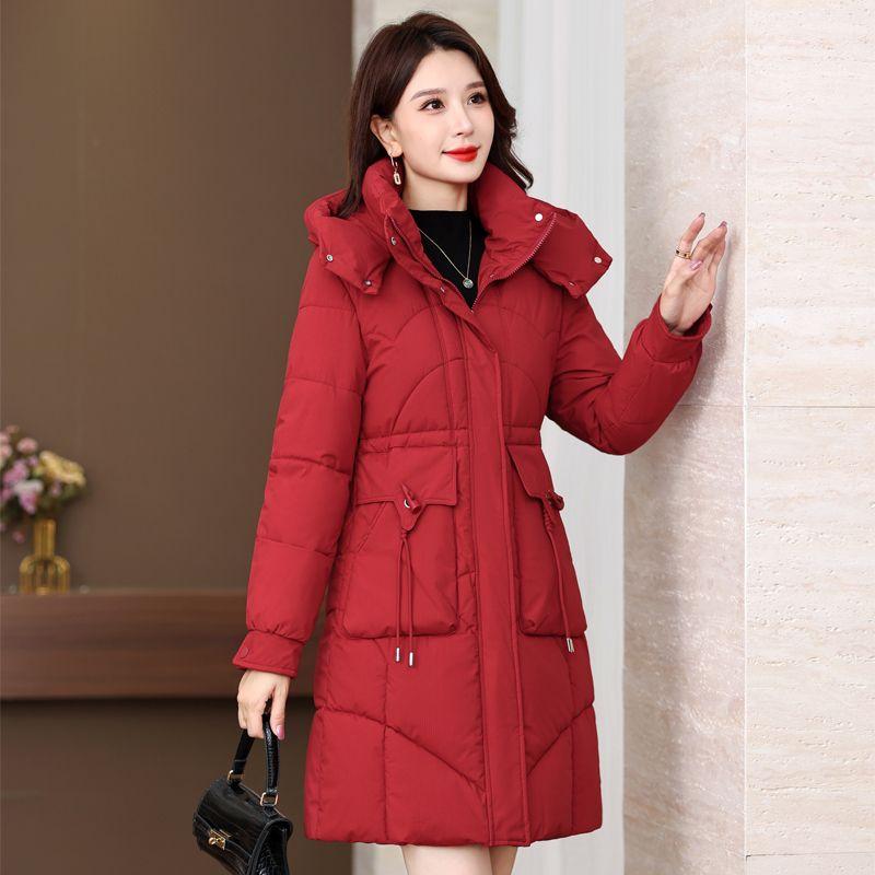 Winter Women Medium To Long Cotton Jacket Thickened Warm Casual Stand Collar Hooded Parker Coat Solid Color Warm Cotton Jacket