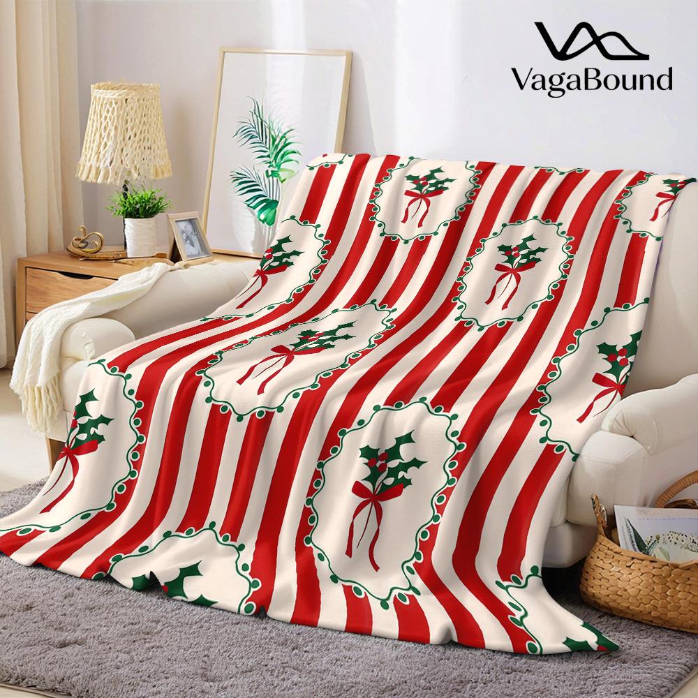 Christmas Holly Red White Stripes Flannel Blanket Warm Soft Halloween Christmas Couch Warm Cozy Decorative Decor for All Season