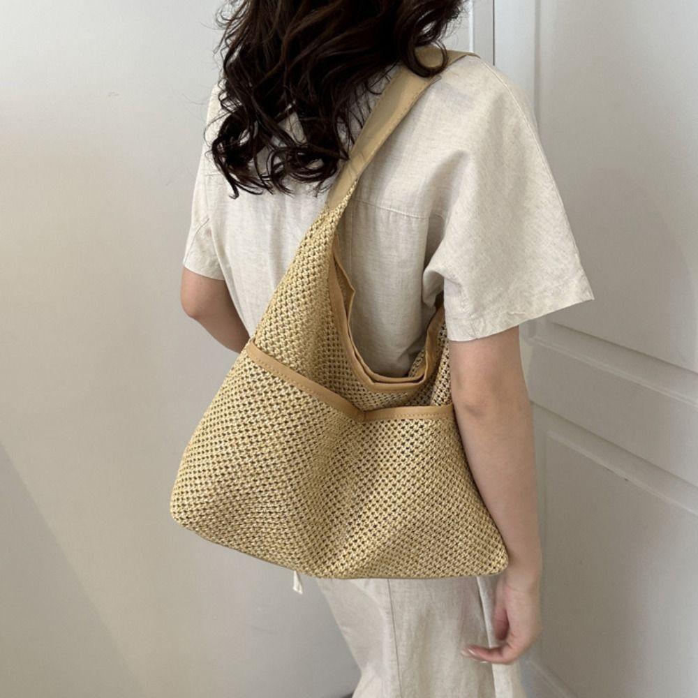 Large Capacity Straw Shoulder Bag with Pocket Underarm Tote Bag Trendy Woven Handbag  Outdoor