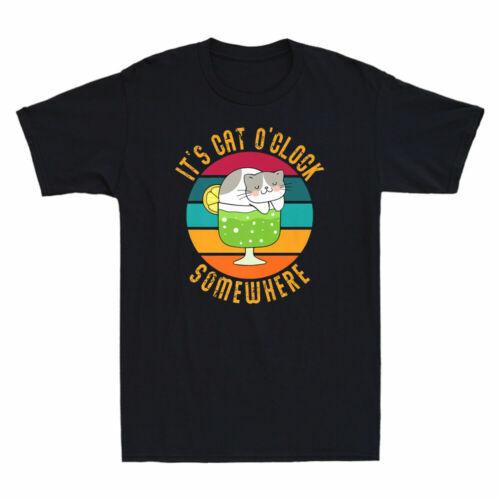 It s Cat O Clock Somewhere Funny Cat Cocktail Kitten Lover Vintage Men s T-Shirt XL