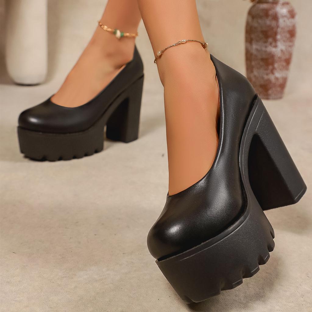 European and American Large Size Ultra-high Heel Waterproof Platform Thick Heel Single Shoes Autumn Round Head PU Foot Cover Fashion Single Shoes
