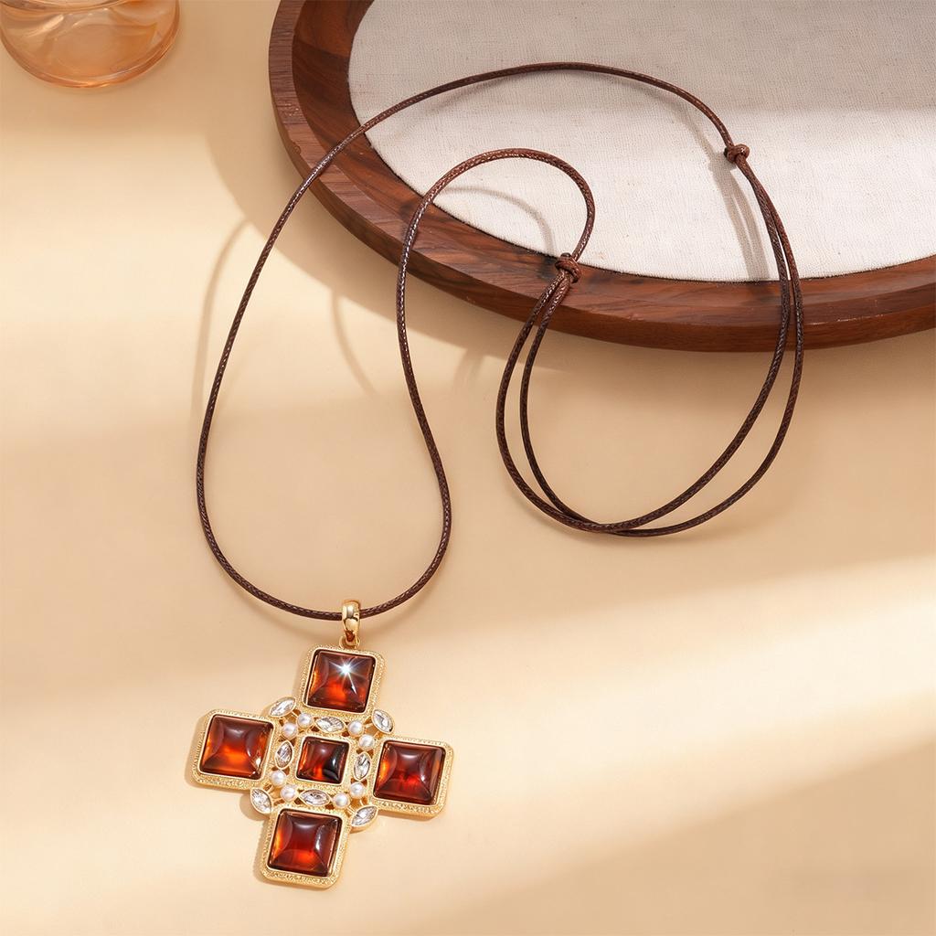 Resin Leather Flower Cross Adjustable Pendant Sweater Chain Vacation Style Vintage Necklace