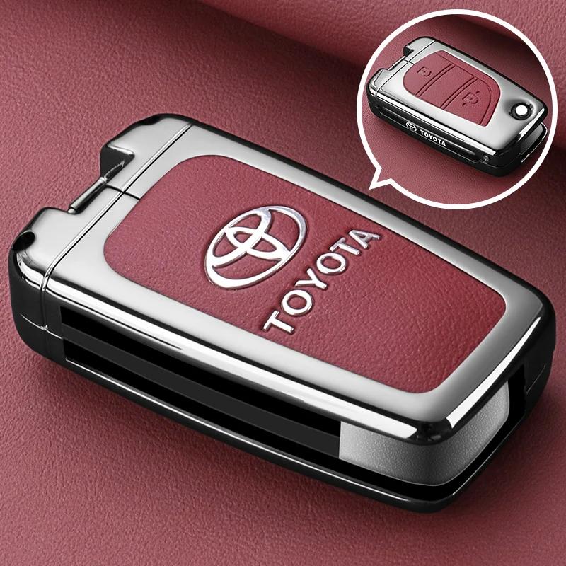 QHJS9 Zinc Alloy Leather Car Key Case Cover Shell for Toyota CHR Hilux Fortuner Land Cruiser 200 Camry Corolla Crown RAV4 Highland