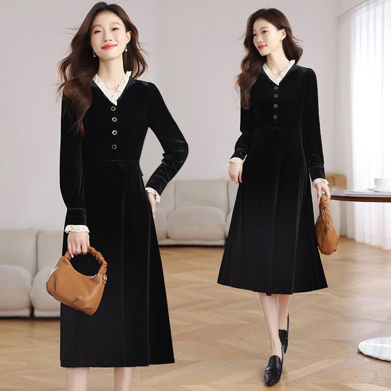 

Velvet Retro Hepburn Little Black Dress - 2025 Autumn/Winter Women s Waist-Slimming French Style Extra Large