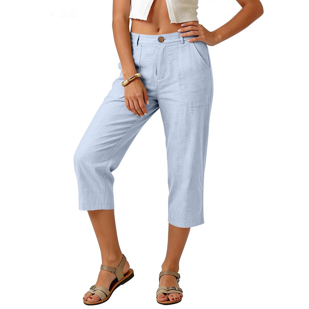 Pantaloni Capricci Larghi Elasticizzati a Vita Alta 3/4 da Donna Vestibilità Casual Pantaloni Lunghi con Tasche