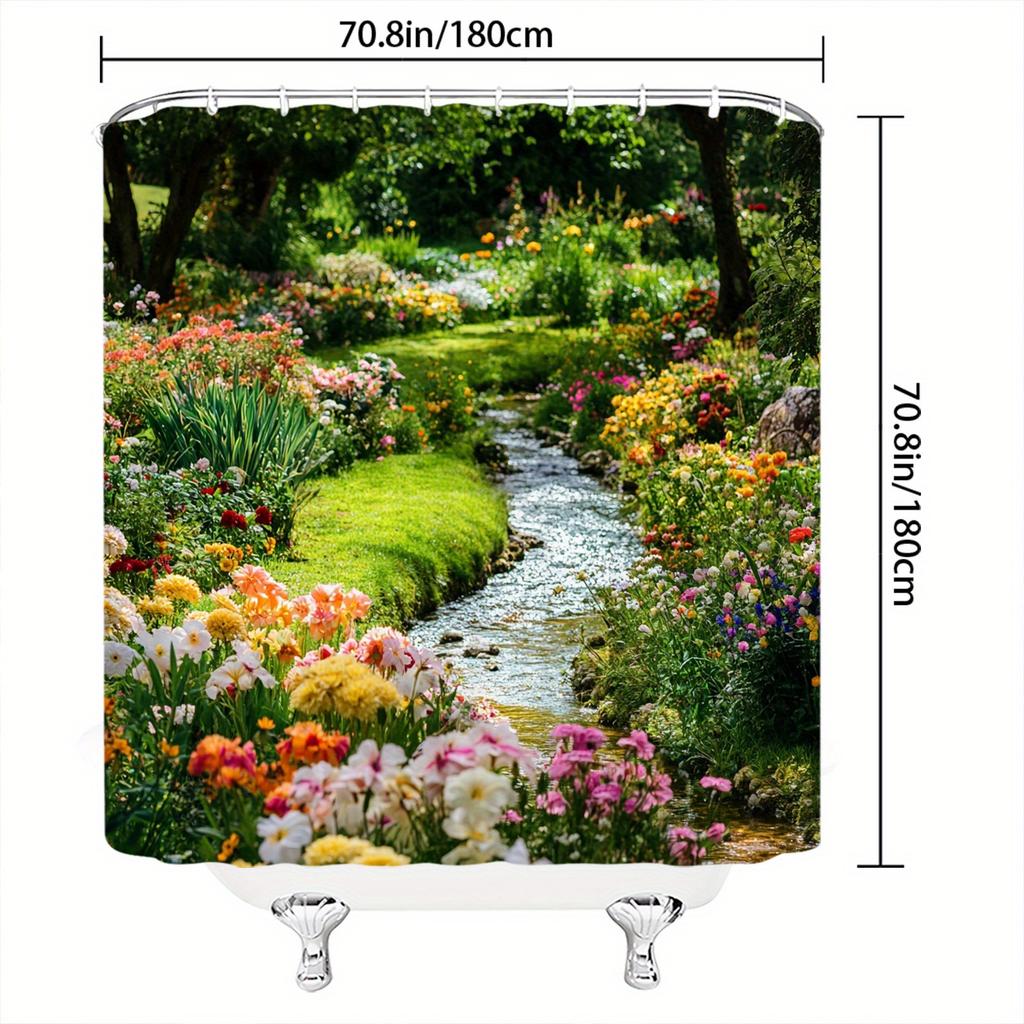 Lush Garden Stream Shower Curtain - Tranquil Nature Scene with Colorful Flowers, Polyester Woven,Machine Washable,Bathroom Decor