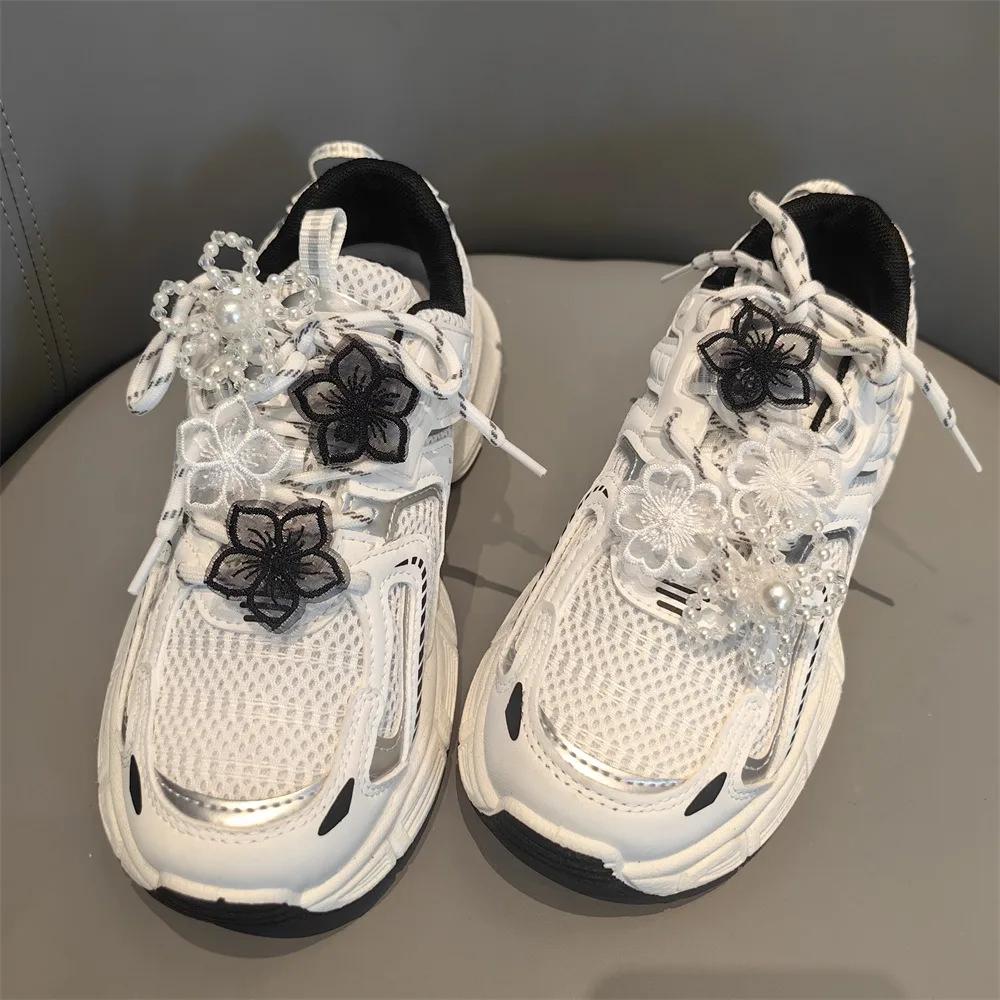 1PCS Crystal Flower Black White Color Fairy Bow Shoe Laces Buckle Ballet Lace Pearl Shoes Charm Buckle Shoelaces Decoration