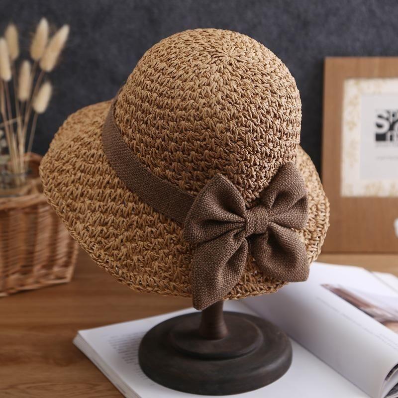 Sweet bow embroidered straw hat women's seaside vacation fisherman's hat children's summer hollow breathable straw visor