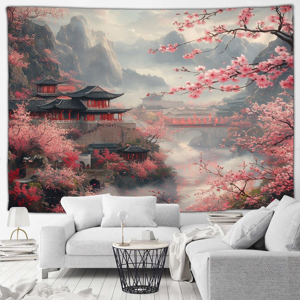 Asian Style Landscape Tapestry Nature Scenery Forest Waterfall Bedroom Living Room Home Wall Hanging Decor Natural Tapestry