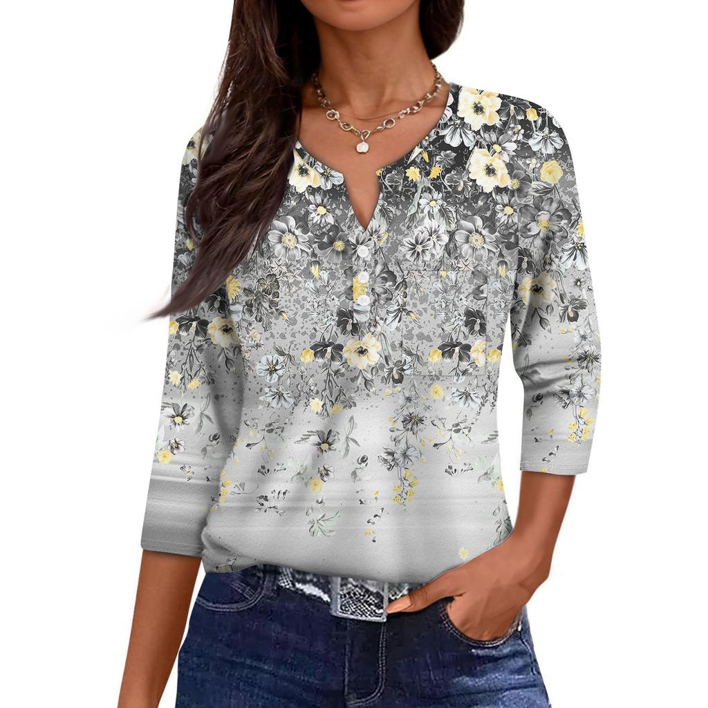 Women's Casual Fashion V-neck Loose Versatile Floral Print Three-quarter Sleeves