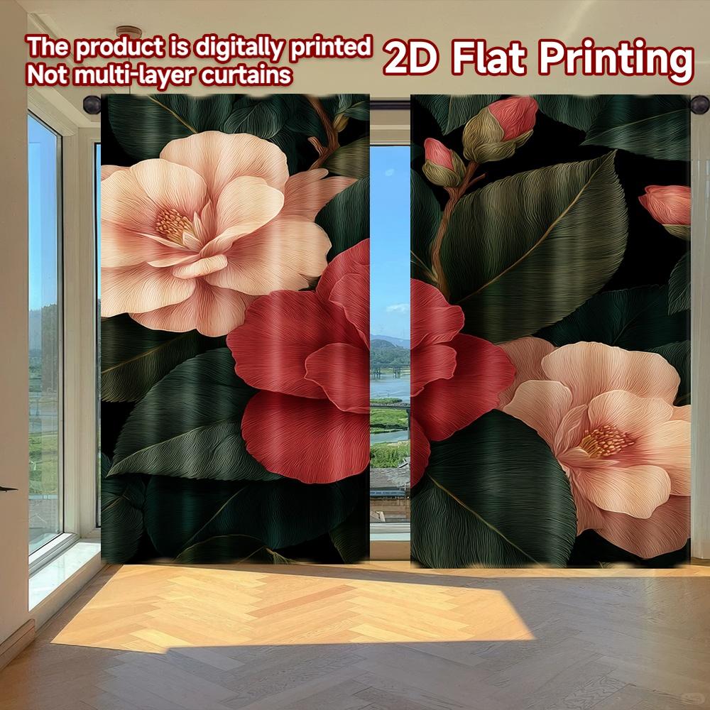 

Flat Printing Curtains Without Rod Floral Rose Arrangement Ramadan Festival Fashion Versatile Polyester Curtain Set Of 2 Made Washable W100*H70(CM)-Hooks&2PCS
