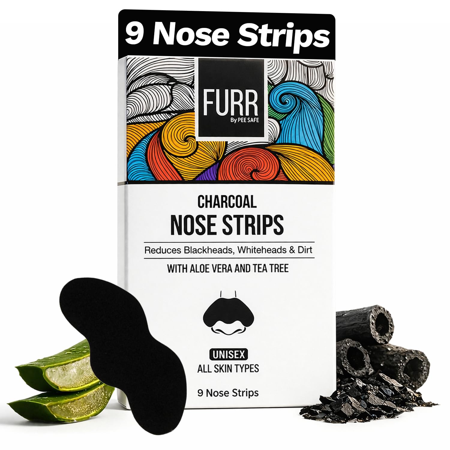 FURR By Pee Safe Blackhead Remover Bamboo Charcoal Nose Strips (9 Pcs) | With Aloe Vera & Tea Tree Oil | Reduces & Prevents Blackheads, Whitehead