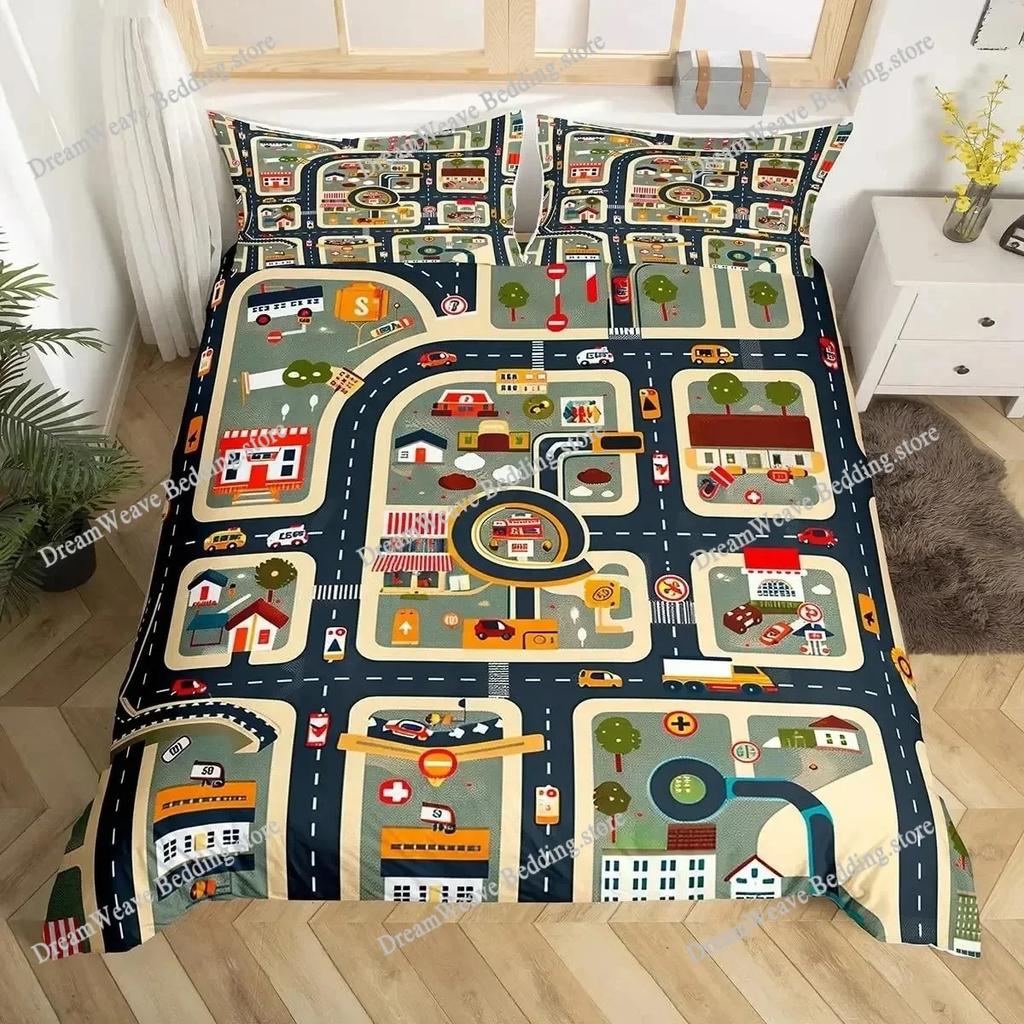 Cartoon Auto Bettbezug Kinder Stadtverkehr Straßenkarte Bettwäscheset für Jungenzimmer Dekor, Geometrische Linien Straßenauto Bettdeckenbezug