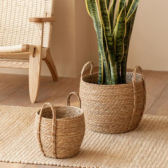 Cesto Portavasi Rotondo in Vimini con Manici Piante da Interno Esterno Rattan Intrecciato Vaso Fioriera Casa Soggiorno Balcone Giardino Fioriera Decorativa