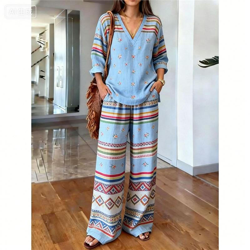 Printed temperament top wide-leg pants two-piece women's clothing European and American fashion suit