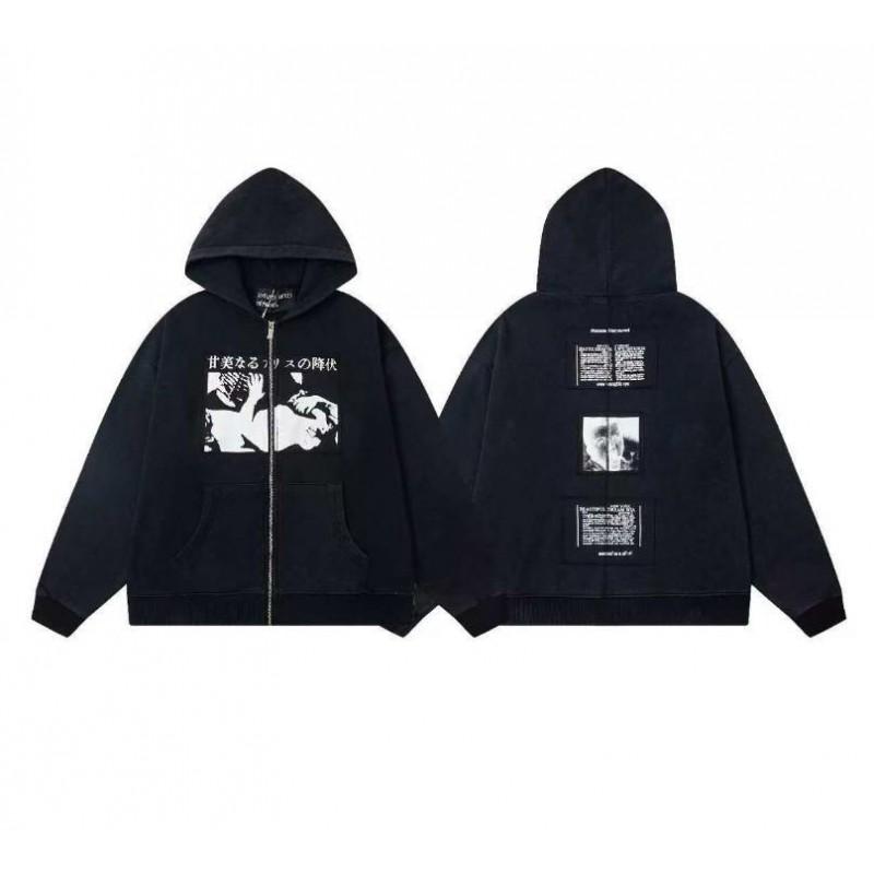 Erkek Geniş Kesim Pamuklu Kapüşonlu Fermuarlı Sweatshirt Sokak Giyim Günlük Harf Baskılı Uzun Kollu Tişört