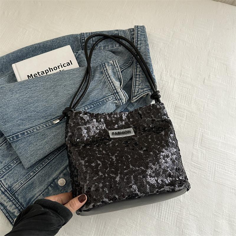 Trendy Sequin Bucket Bag Versatile Shoulder Bag For Women In Black Pink Silver Colors