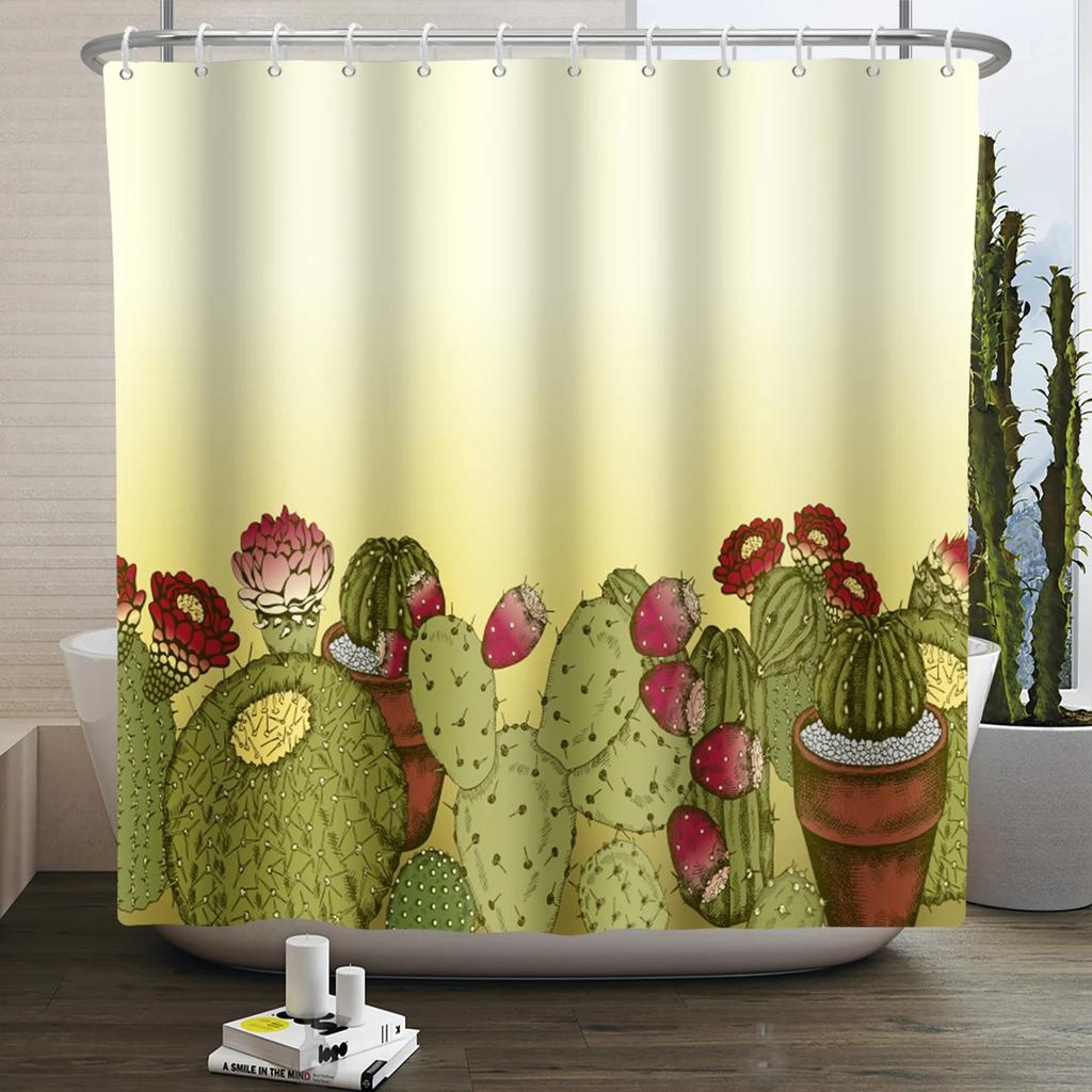 Tropical Cactus Print Shower Curtain Boho Plant Pattern Waterproof Fabric Shower Curtains Modern Bathroom Decor With Hooks