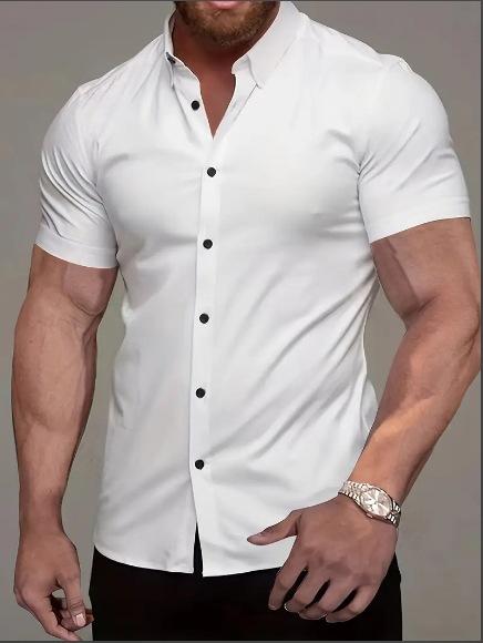European And American Men'S Short-Sleeved Shirt 3D Digital Printing Casual Versatile Solid Color Muscle Men'S Lapel Shirt