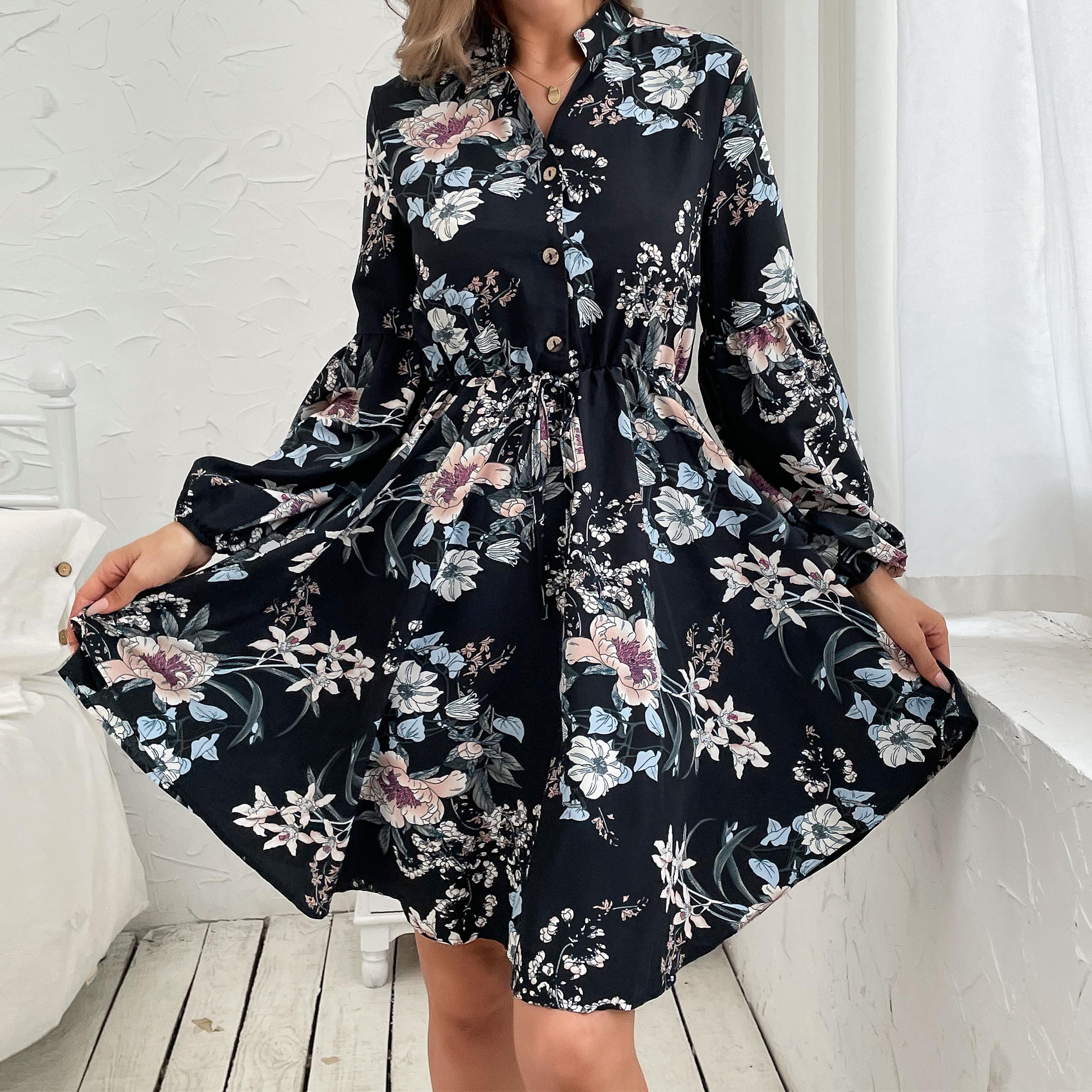 Dámske ležérne šaty Vintage s kvetinovou potlačou s dlhým rukávom a výstrihom do V s vysokým pásom XL čierna