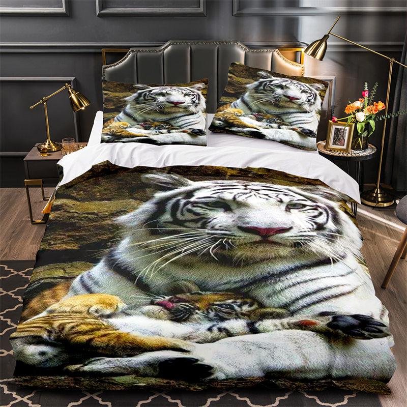 Tiger Leopard Lion Duvet Cover Set Africa Wild Animals Bedding Set 3D Red Rose Flowers Quilt Cover Twin King Queen Bedroom Decor