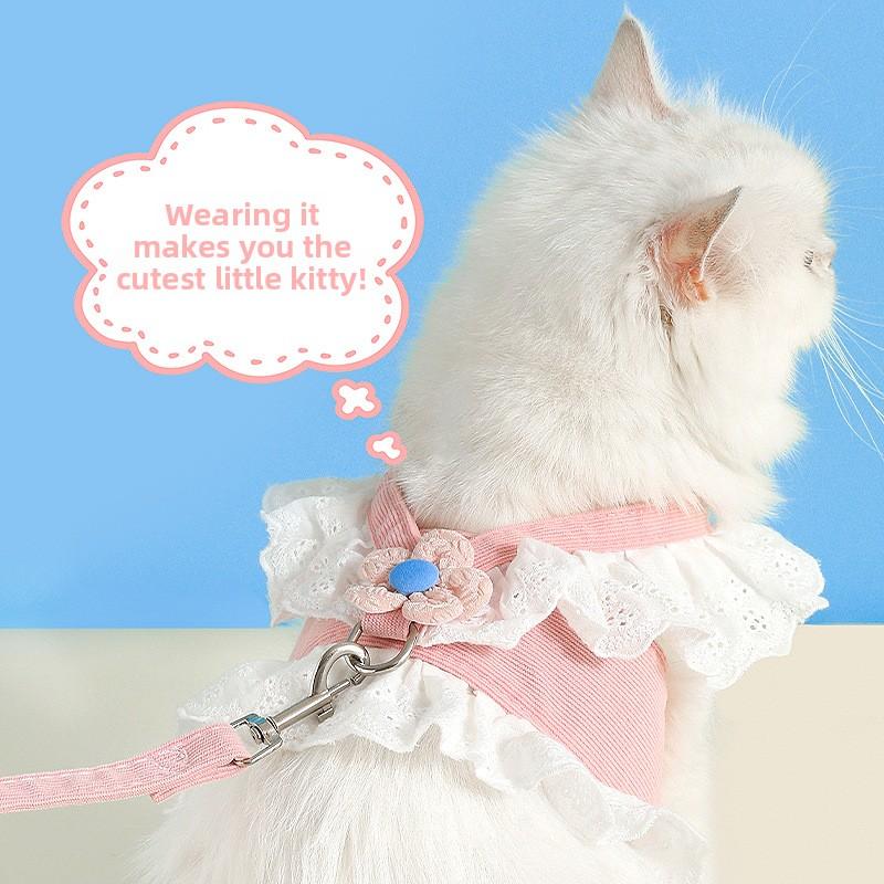 Cat Leash, Chest and Back Strap with Small Flowers That Can Be Adjusted To Prevent Escape. Chest and Back Strap Pet Clothing for Cats and Kittens.