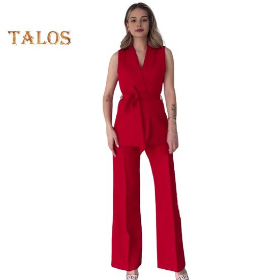 

2 шт./компл. Женское пальто и брюки, комплект с V-образным вырезом на шнуровке, тонкая талия, кардиган средней длины, куртка без рукавов, широкие брюки с высокой талией, прямые брюки, женские формальные брюки L красный