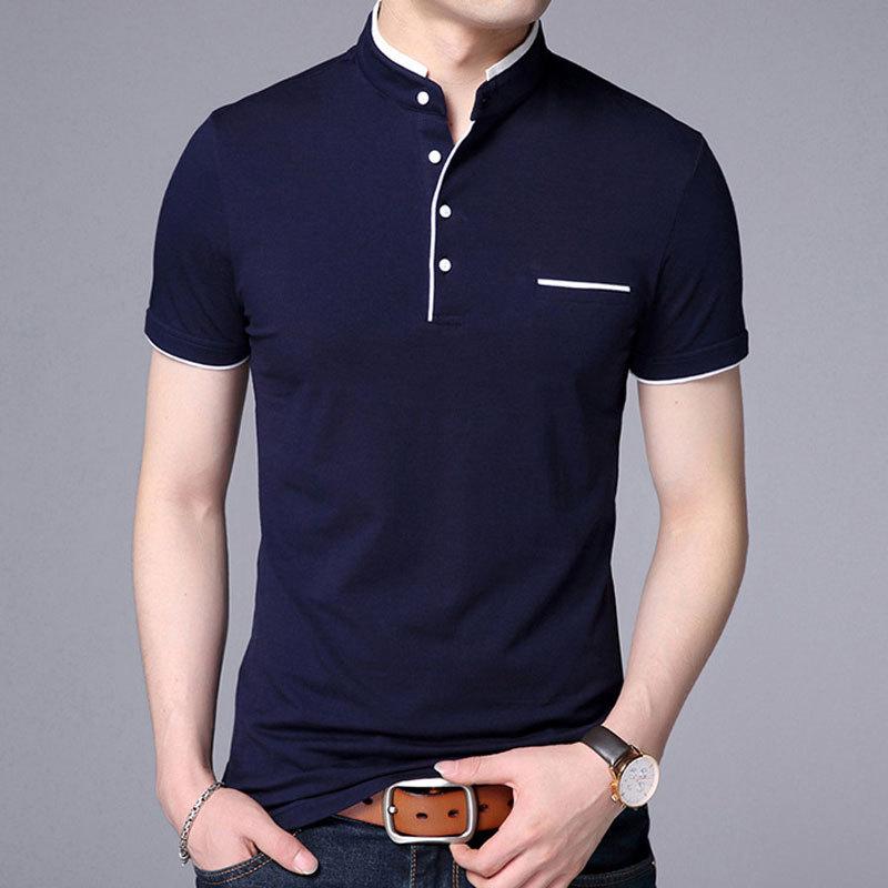 Mens Stand Collar Short Sleeve Slim Fit Big Size Solid Casual T Shirt