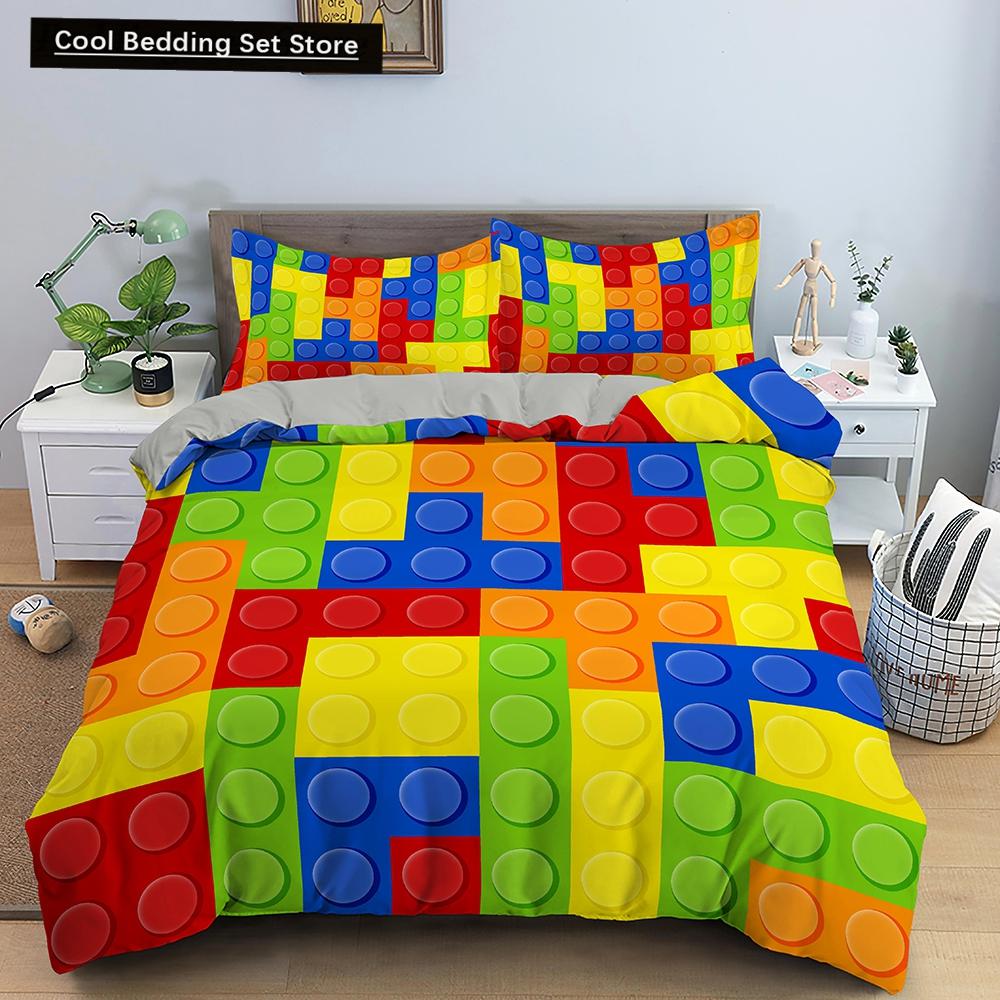 Colorful Toy King Queen Duvet Cover 3D Building Block Pattern Bedding Set Fun Brick Quilt Cover Gradient Rainbow Comforter Cover