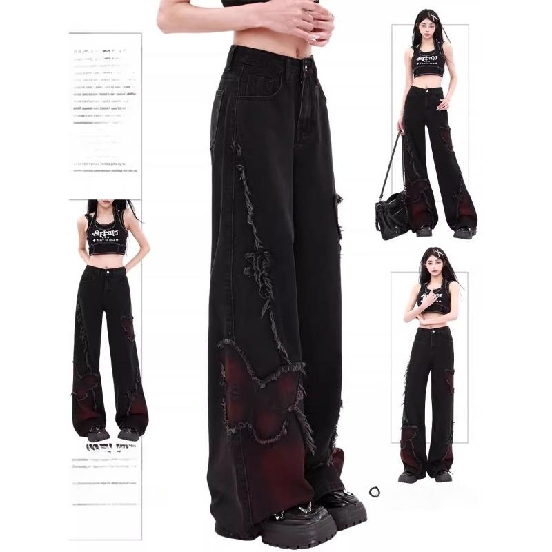 American Embroidered Butterfly Smudged Wide-leg Jeans Women's Spring and Autumn Straight-leg Pants