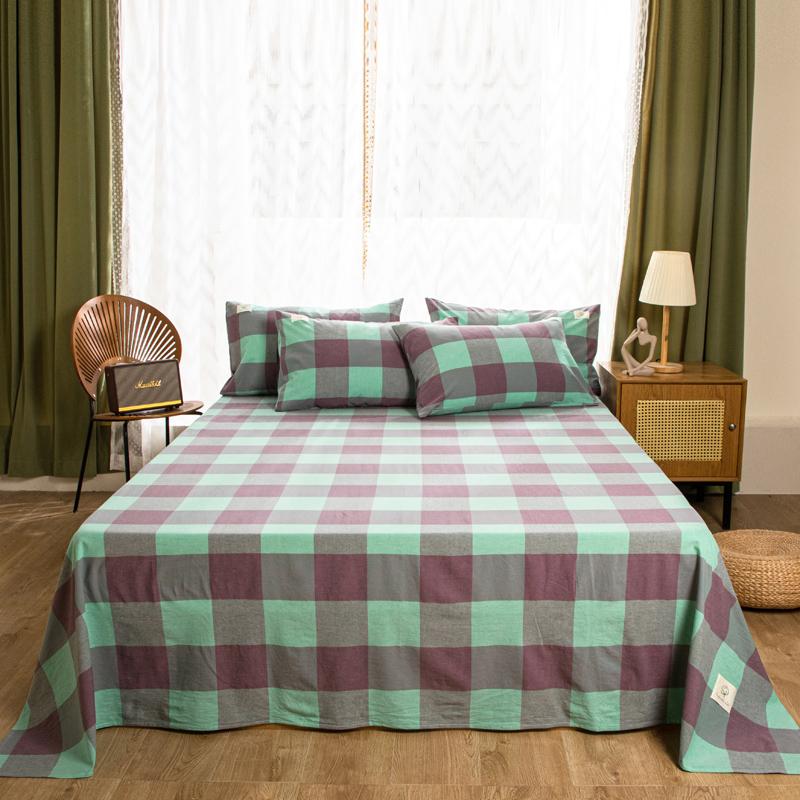 3Pcs 100% Cotton Simple Plaid Pattern Bed Sheet Set Skin-friendly Comfortable Geometric Printed Flat Sheet with Pillowcases