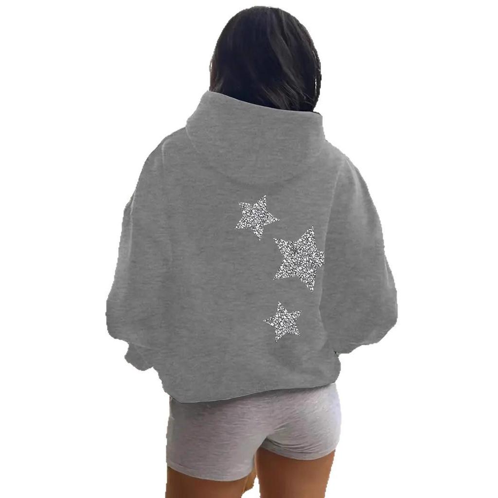American Style 2025 Hooded Sweatshirt with Silver Stars - Casual Loose Pullover Outerwear