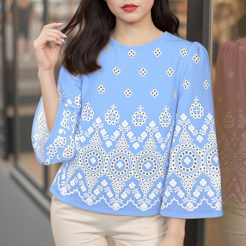 

ZANZEA Повседневная блузка с этническим принтом, круглым вырезом и рукавами 3/4, свободного кроя 5XL