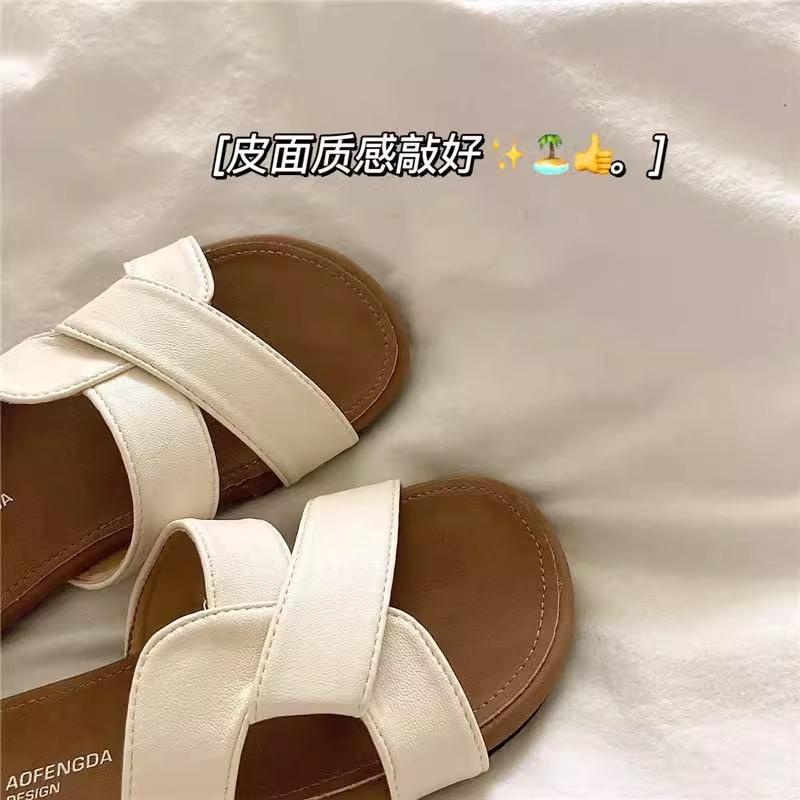 Soft Leather Version~ Textured Niche Fashion Cross Slippers Women's Soft Bottom Outer Wear Summer Flat Bottom One Word Beach Cool Slippers