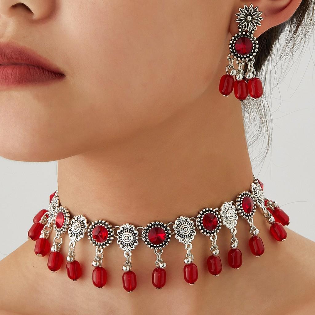 

Ethnic Style Vintage Necklace Set With Water Diamond Pendant For Women Red