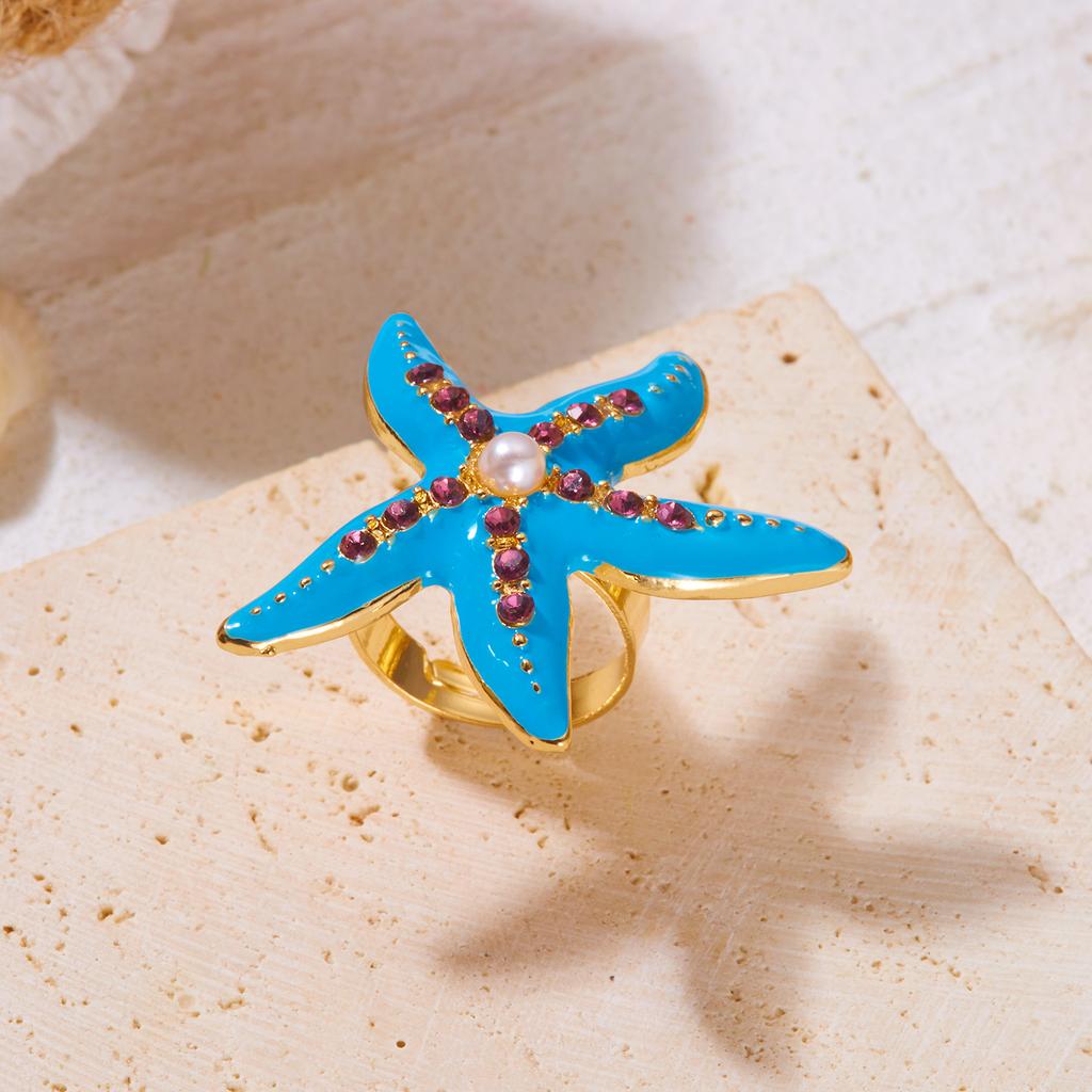 Bohemian Enamel Starfish Rings for Women Colorful Rhinestone Ocean Sea Star Pearl Finger Ring Summer Vacation Charm Jewelry Gift
