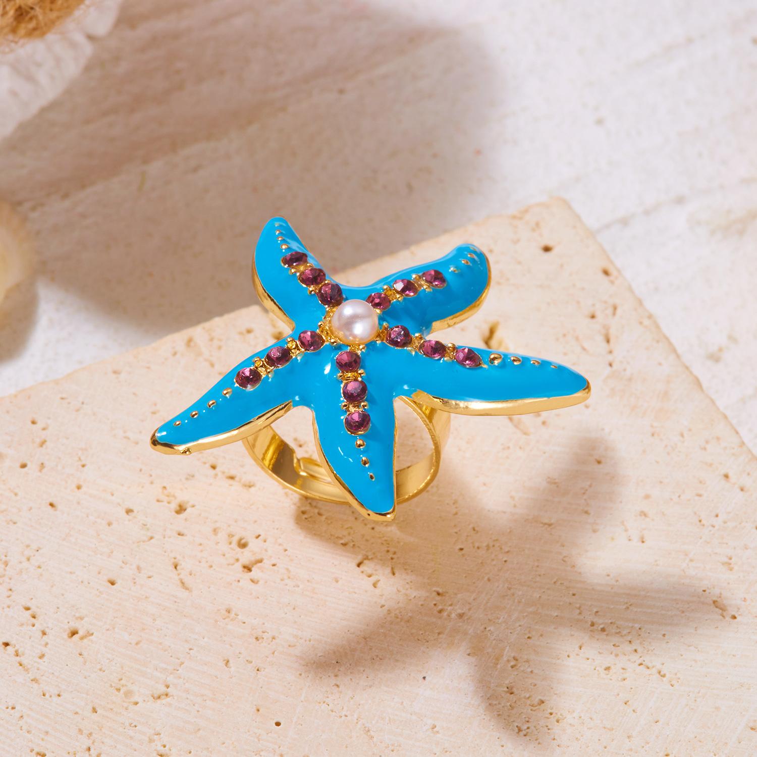 

Imitation Pearl Starfish Diamond-Encrusted Ring Adjustable Open Ring Beach Vacation Style Accessory Daily Accessory
