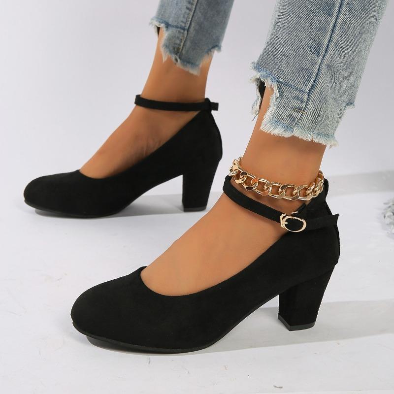 

Fashion Block Heel Single Shoes Autumn New Round Toe Shallow Suede Slip Strap Anti-slip Wear-resistant Single Shoes 42 чёрный
