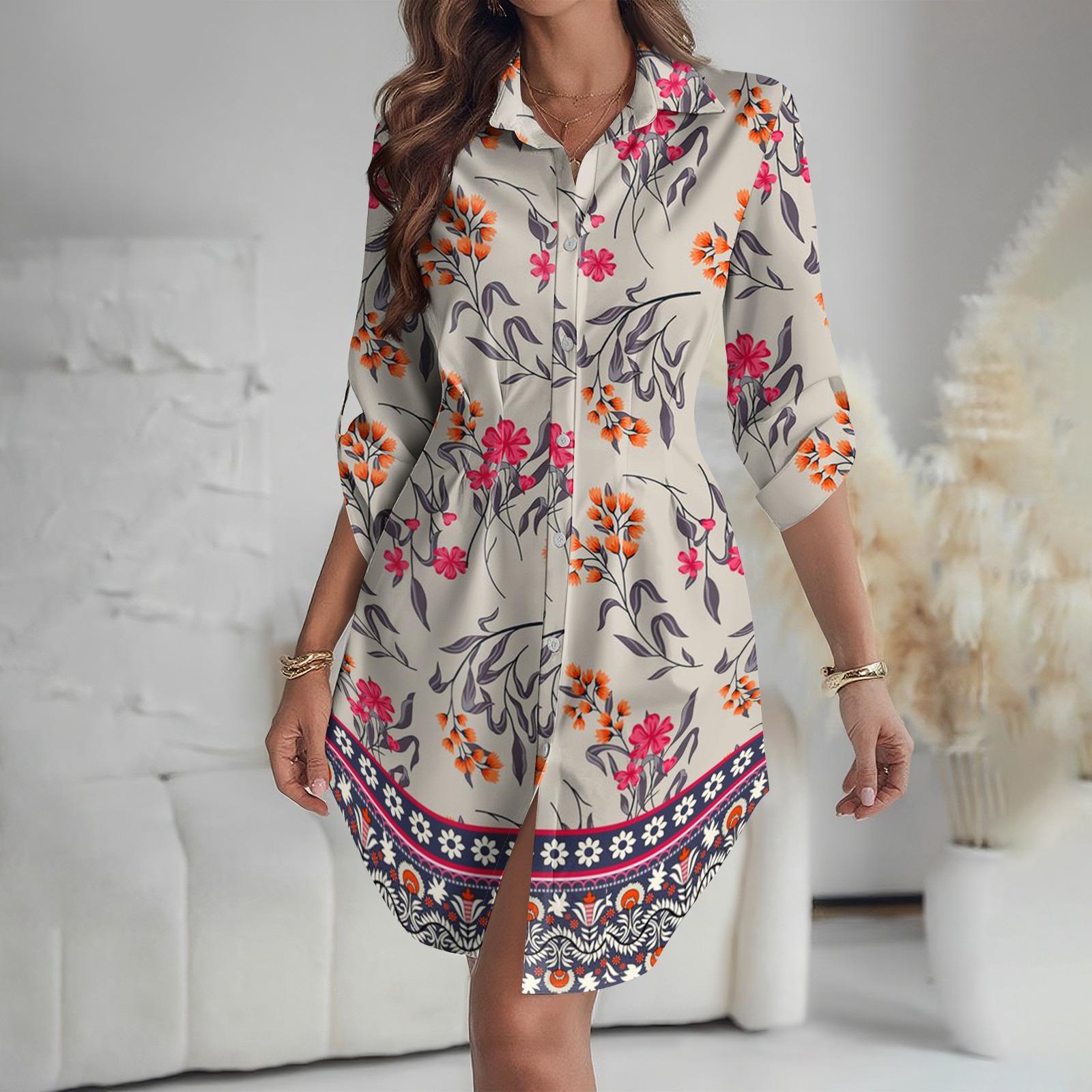 

Женское платье свободного кроя с V-образным вырезом и длинными рукавами, с принтом, платье-рубашка для работы S