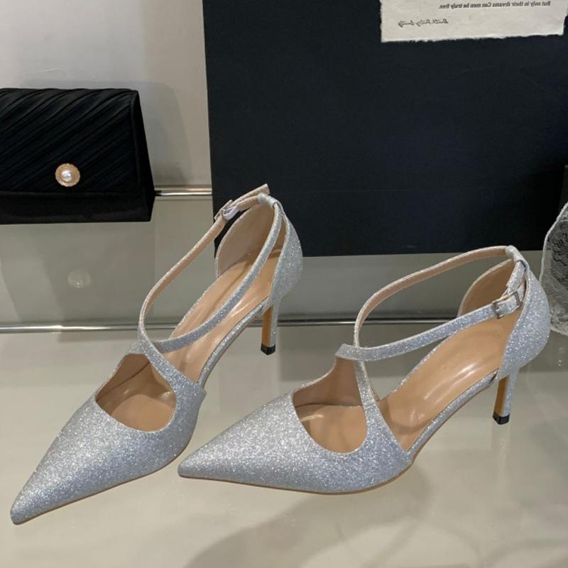 

Eilyken Bling Sequin Cloth Pointed Toe Women Pumps Elegant Buckle Strap Thin High Heels Party Prom Mules Shoes 35 серебряный