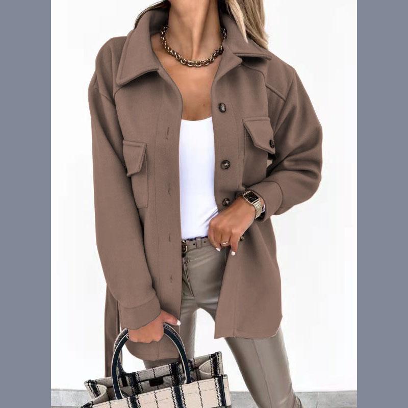 Autumn and Winter Lapel Single Breasted Thickened Solid Color Shirt Women's Woolen Loose Jacket Wool Women's Woolen Jacket